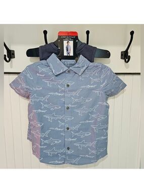 Andy & Evan Kids Shark Print Button Down, Tank & Short Set Light Blue NWT Size 6
